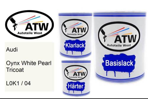 Audi, Oynx White Pearl Tricoat, L0K1 / 04: 1L Lackdose + 1L Klarlack + 500ml Härter - Set, von ATW Autoteile West.